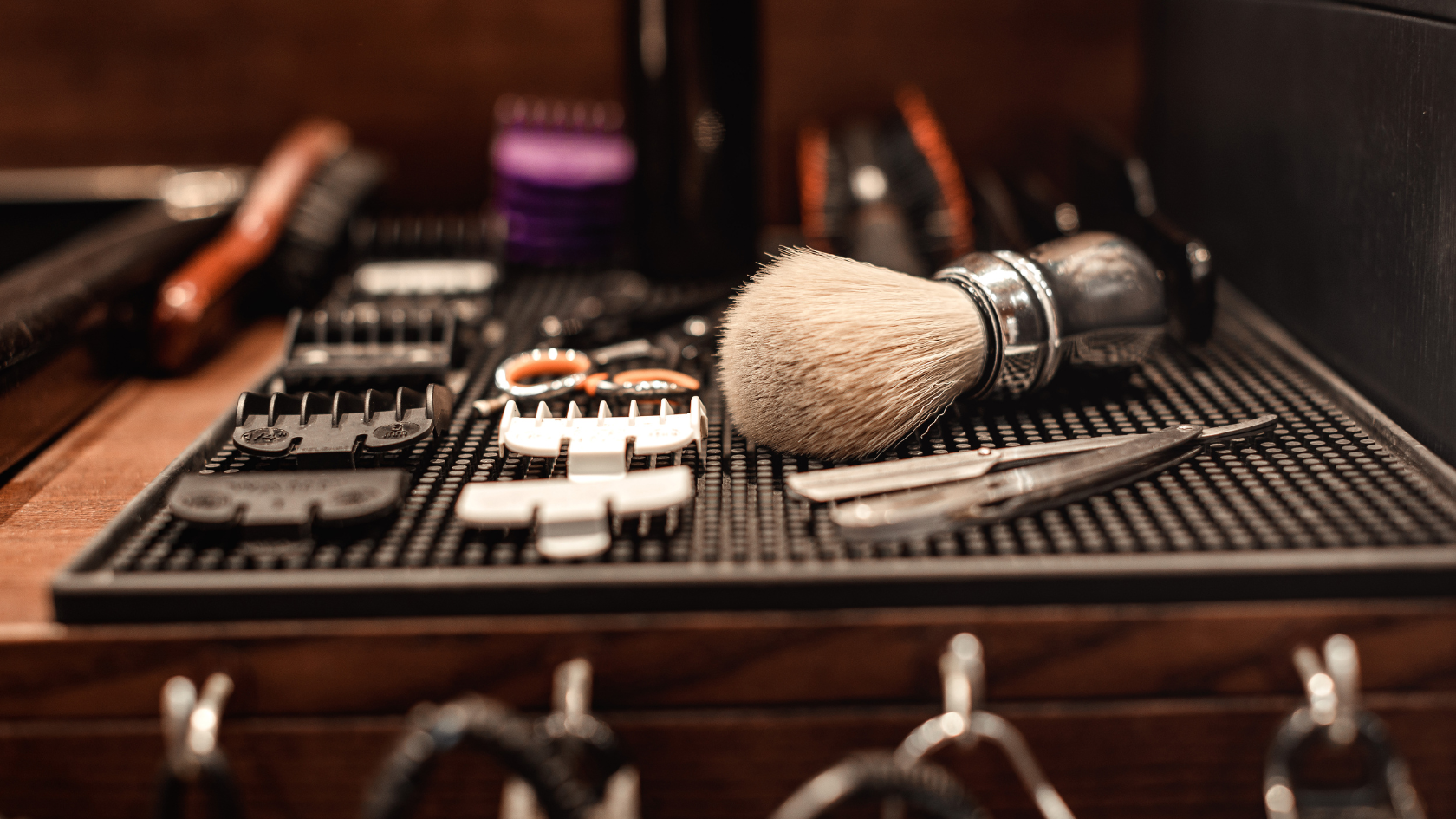 A close up of a shaving brush on a table